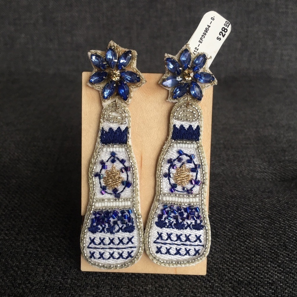 Felt Fabric, Rhinestone & Beaded Beer Bottle Earrings, Purple, White, Gold